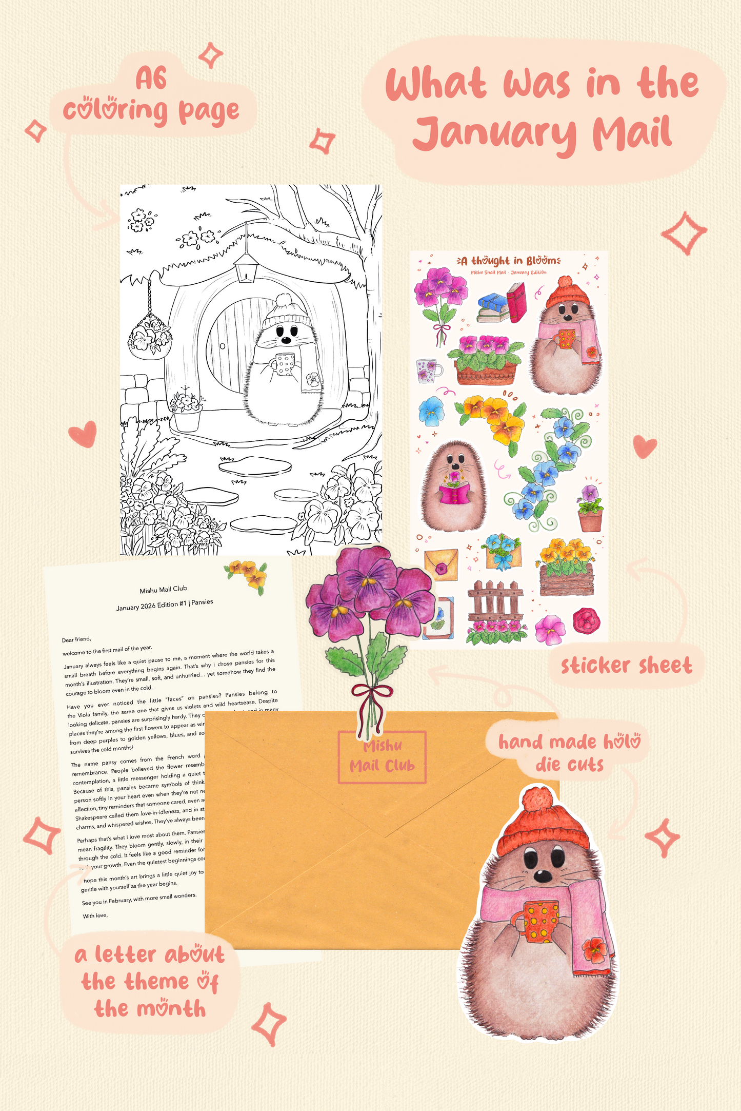 Promotional image of a January-themed product package with coloring page, stickers, and letter and hedgehog stickers.
