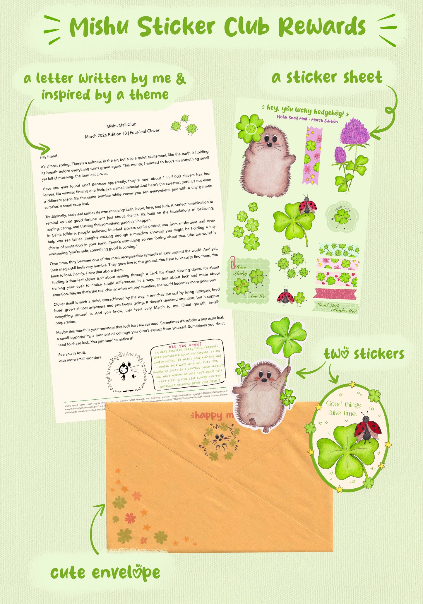 Mishu Sticker Club Rewards package with letter, sticker sheet, and envelope on a green background