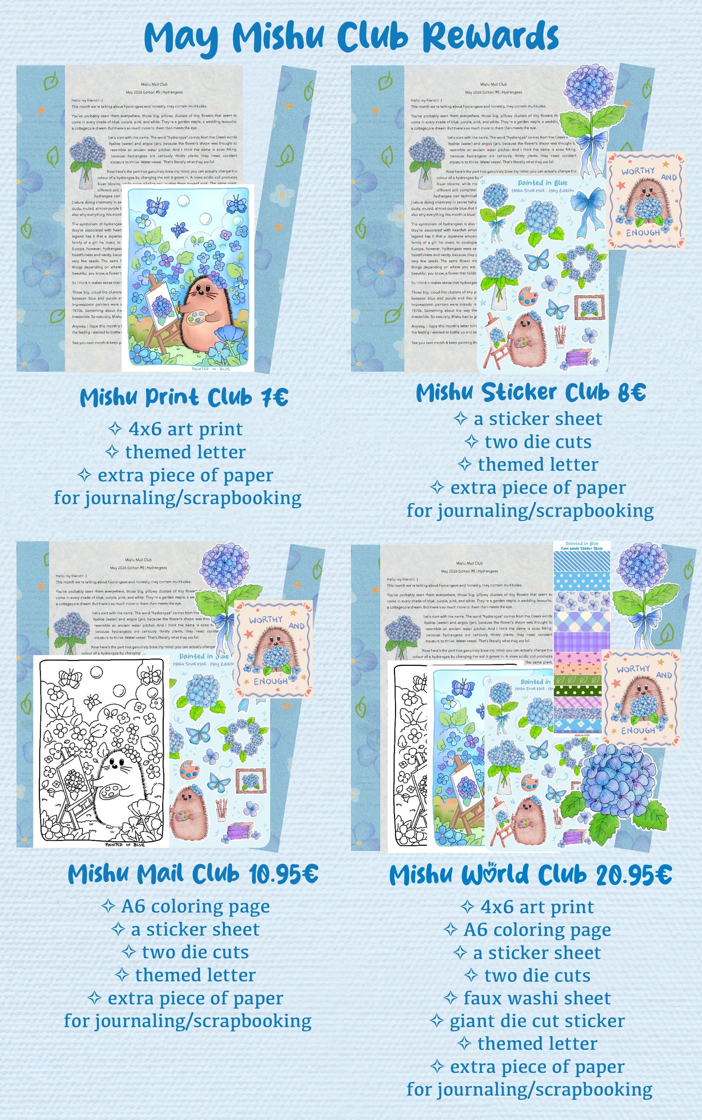May Mishu Mail Club subscription rewards overview showing four tiers: Print Club 7€, Sticker Club 8€, Mail Club 10.95€, and World Club 20.95€ with hydrangea themed kawaii stationery
