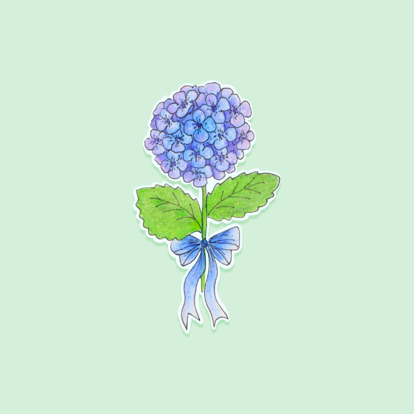 Sticker of a blue flower with green leaves and a blue ribbon on a light green background
