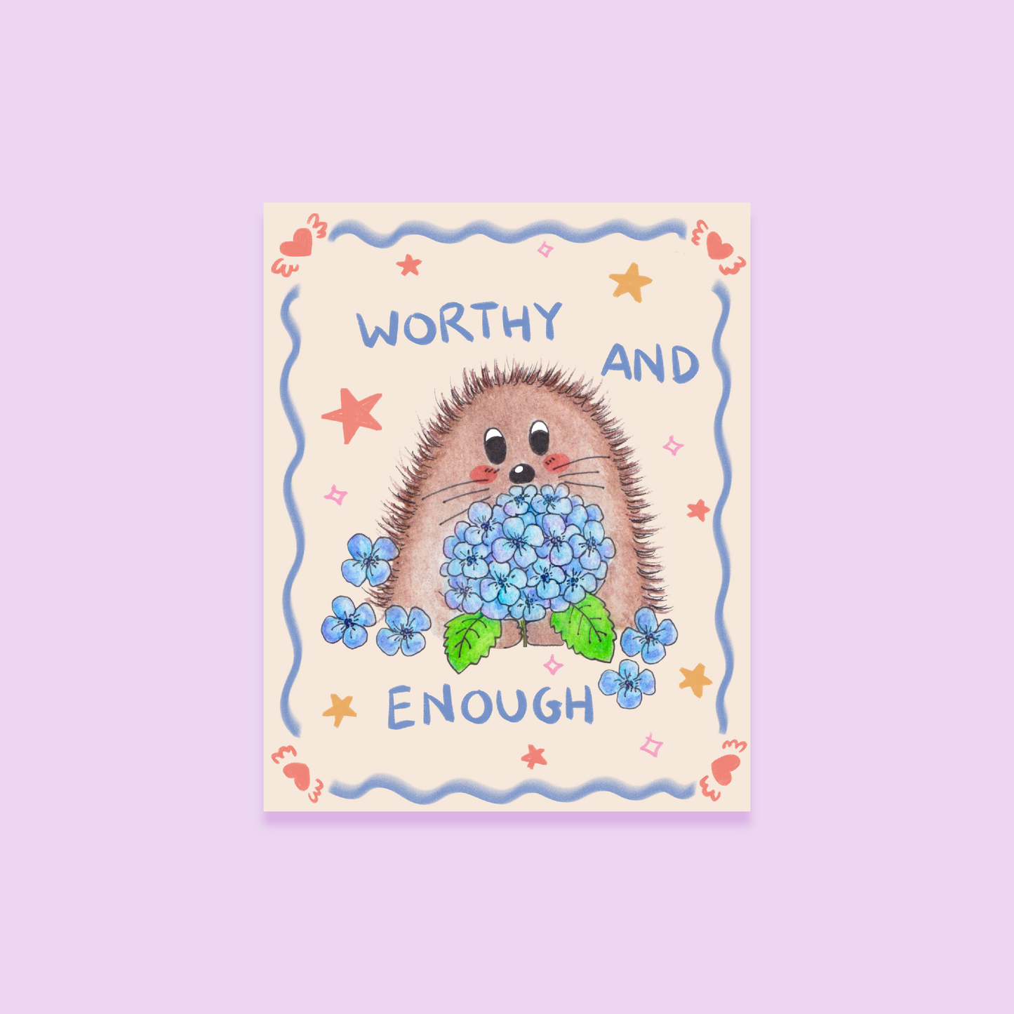 sticker with a hedgehog holding flowers and text 'Worthy and Enough' on a light purple background