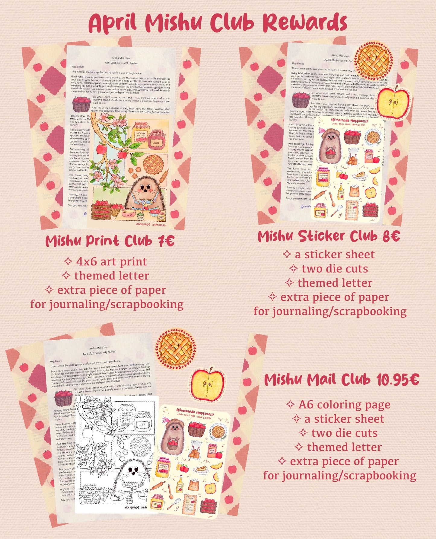 April MISHU Club Rewards with various club options on a pink background