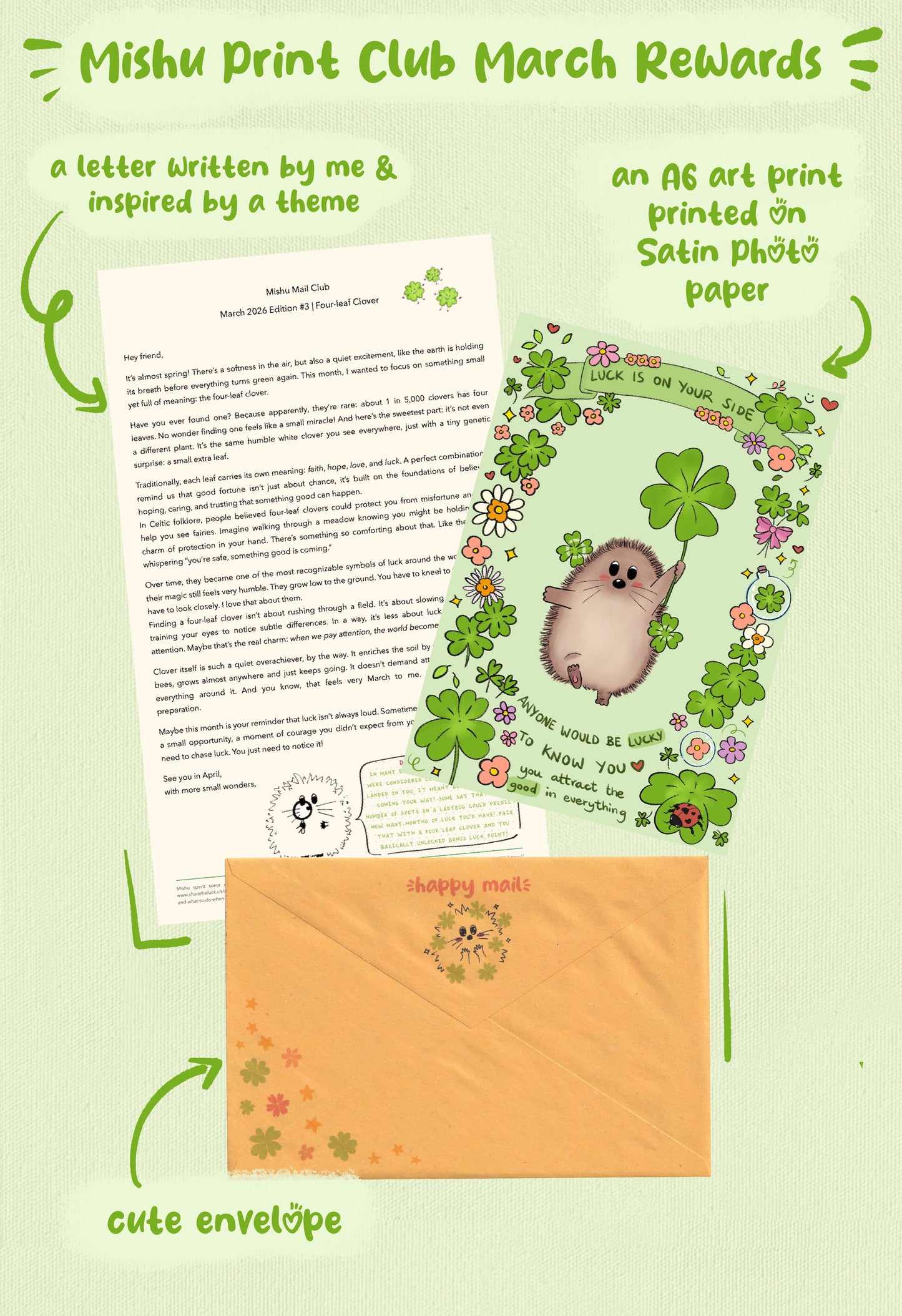 Mishu Print Club March Rewards including a letter, art print, and envelope on a green background.
