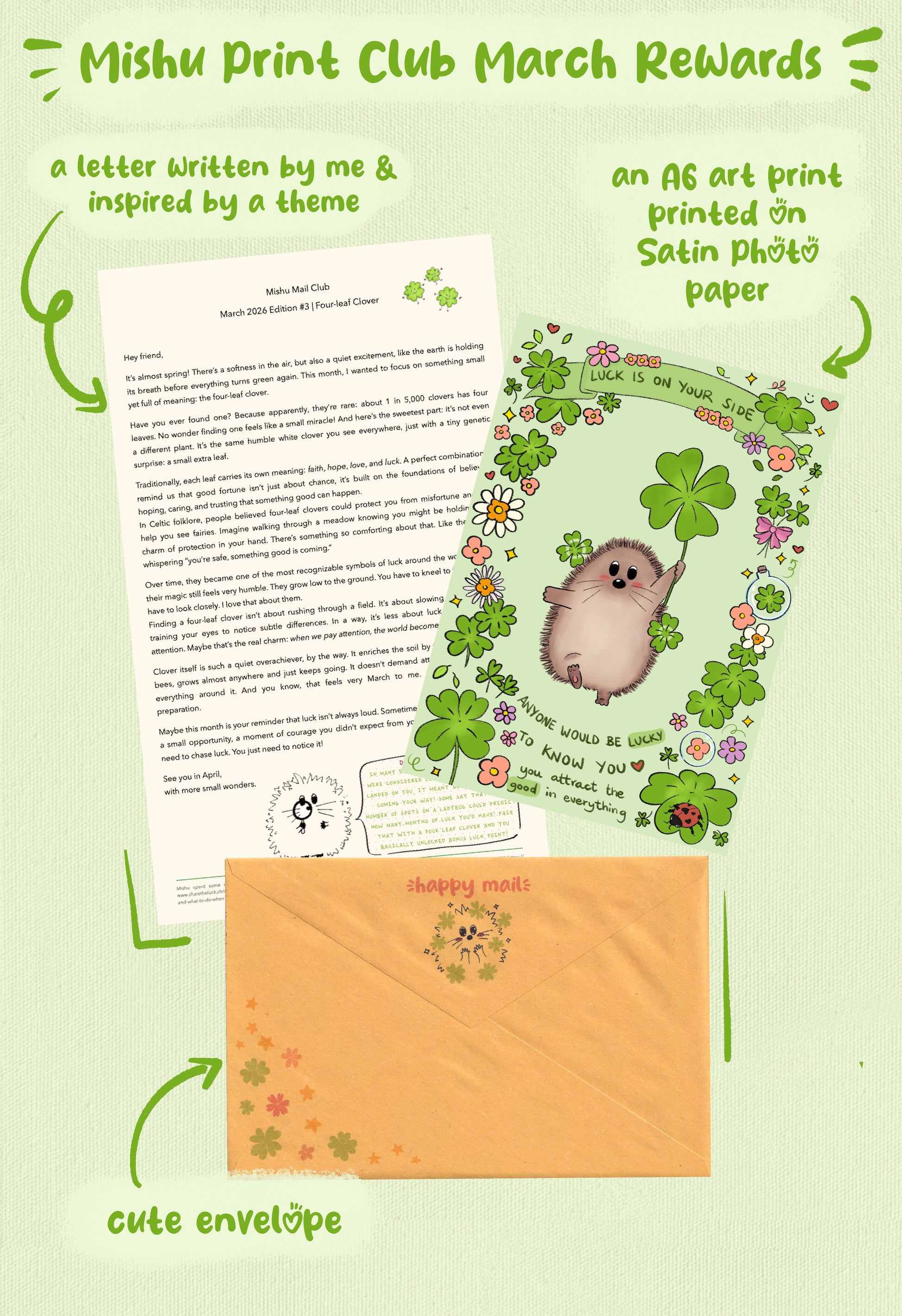 Mishu Print Club March Rewards including a letter, art print, and envelope on a green background.