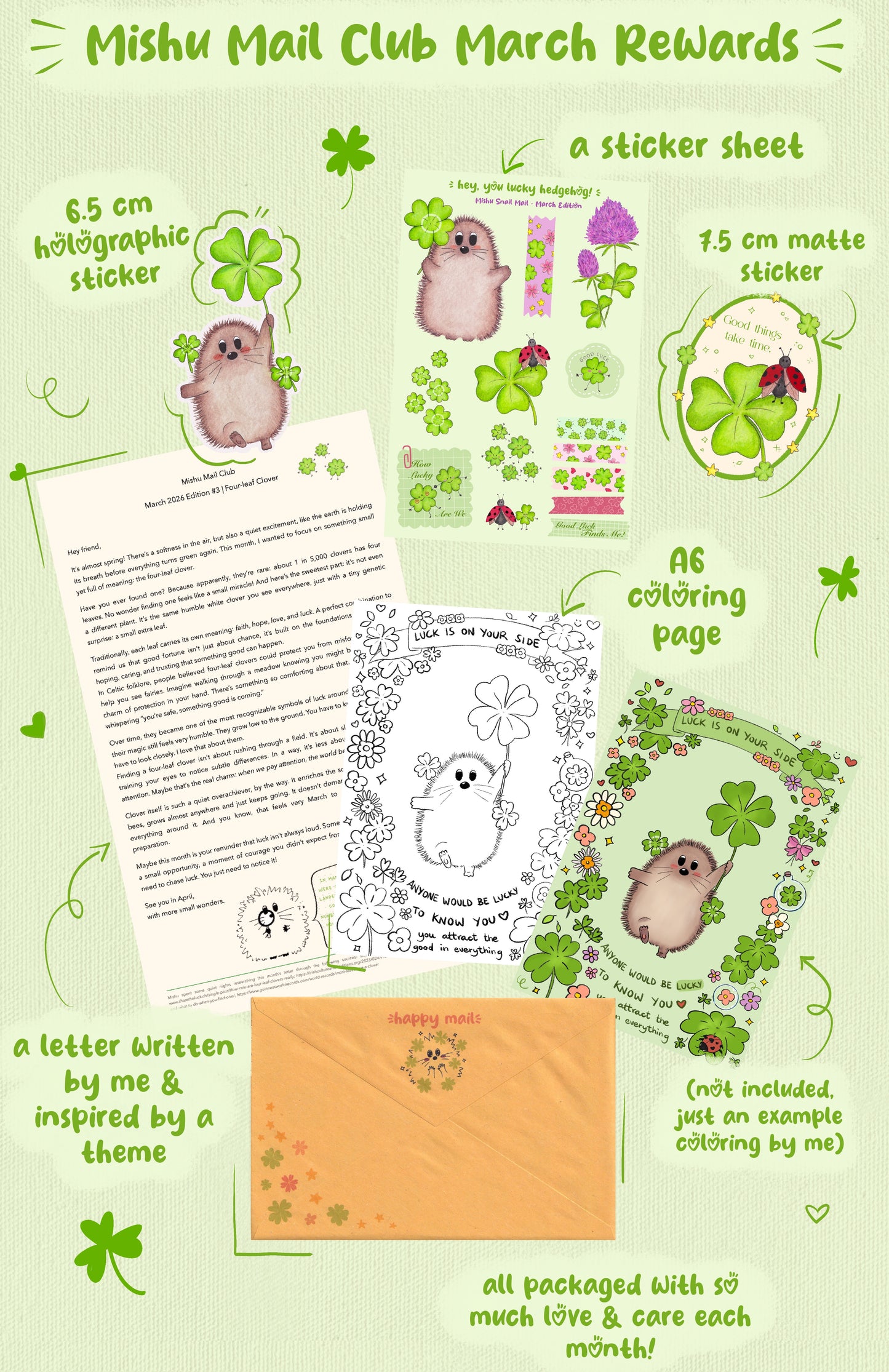 Mishu Mail Club March Rewards package with stickers, coloring page, letter, and envelope on a green background.