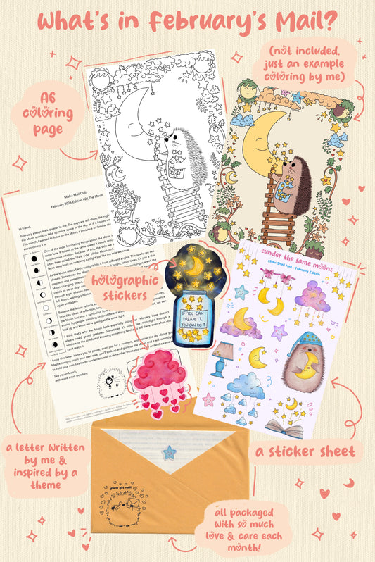 Promotional image of a February-themed product package with coloring page, stickers, and letter.