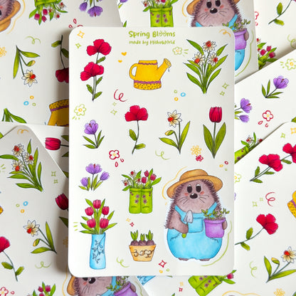 Sticker sheet with hedgehog and floral design on a white background