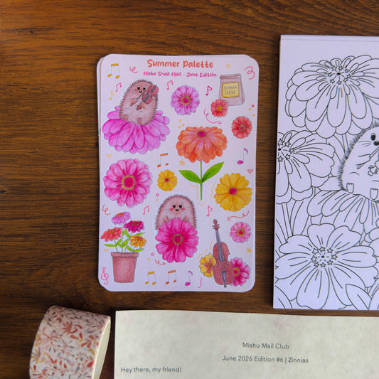 Sticker sheet with hedgehog and flower designs on a wooden surface