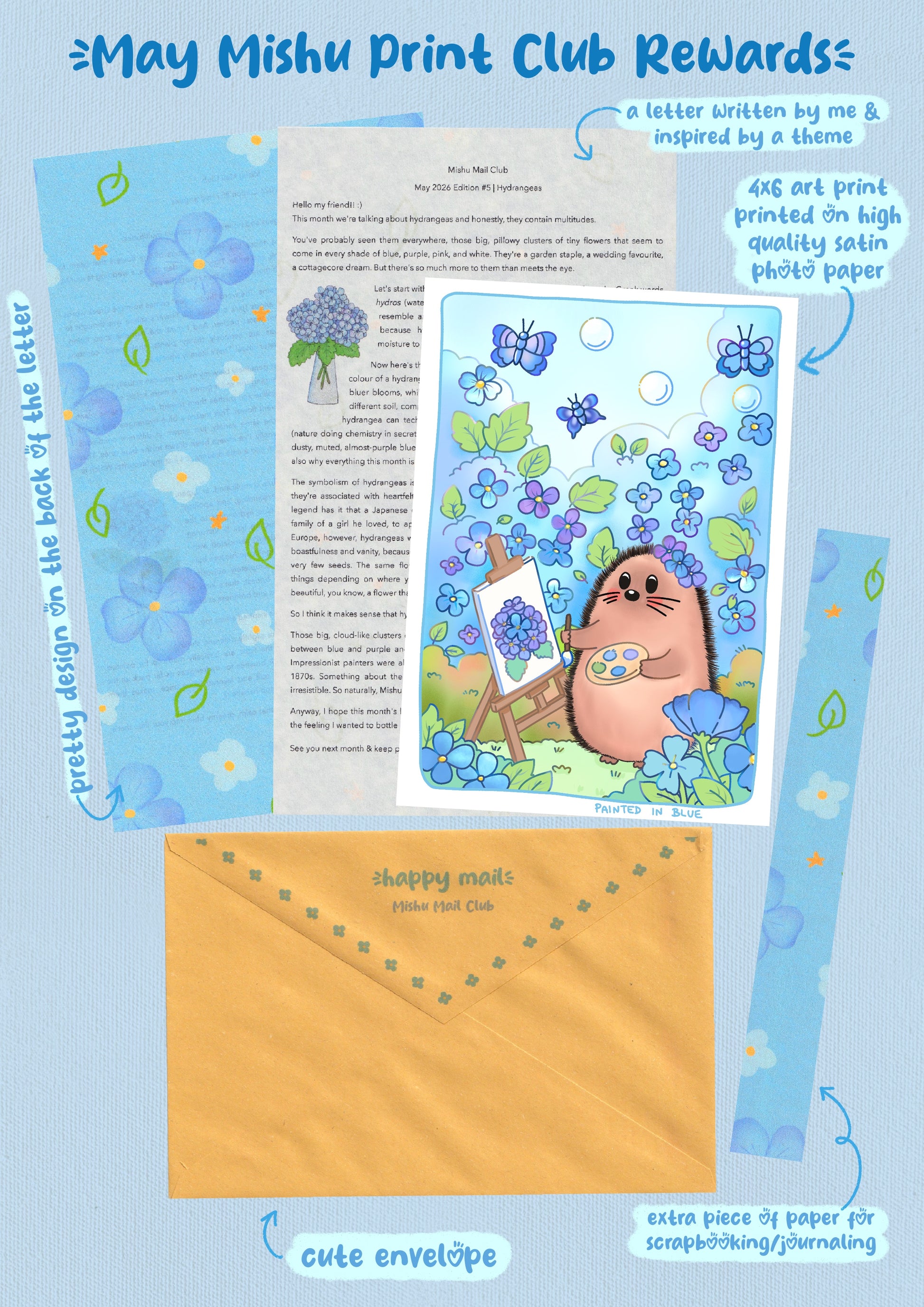 May Mishu Print Club rewards featuring 4x6 kawaii hedgehog art print painted in blue hydrangea theme, handwritten themed letter with decorative back design, and scrapbooking paper in cute envelope
