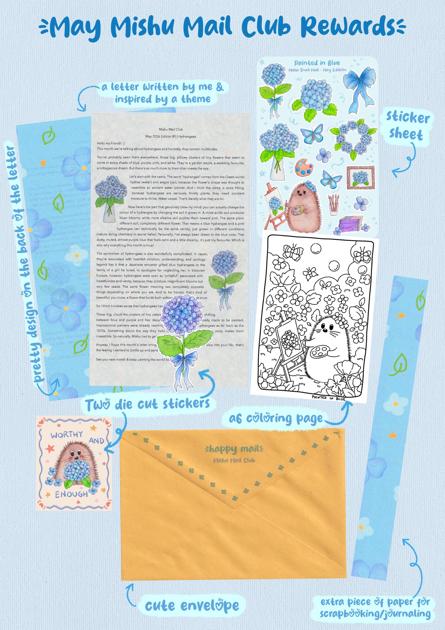May Mishu Mail Club rewards including hydrangea sticker sheet, two die cut stickers, A6 coloring page, themed letter with decorative back, and extra journaling paper in happy mail envelope