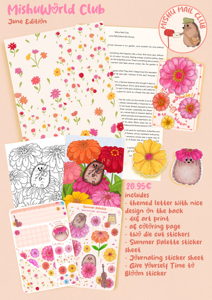 A collage-style promotional graphic for a MishuWorld Club June Edition stationery set, showing floral paper sheets, a letter design, sticker sheets, coloring pages, and illustrated owl and flower motifs on a peach background.