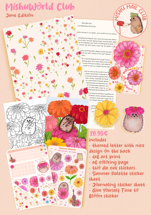 A collage-style promotional graphic for a MishuWorld Club June Edition stationery set, showing floral paper sheets, a letter design, sticker sheets, coloring pages, and illustrated owl and flower motifs on a peach background.