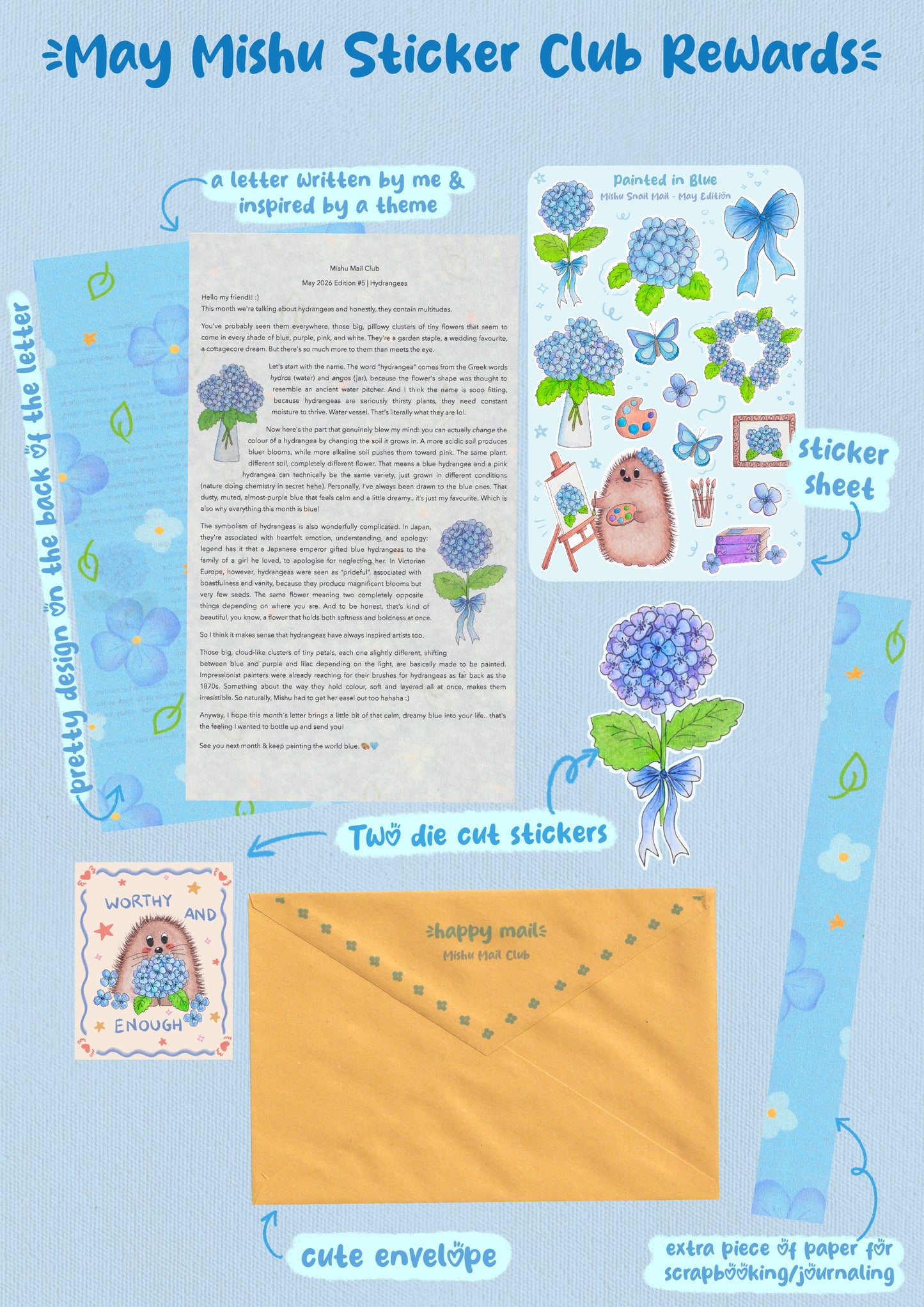 May Mishu Sticker Club rewards featuring painted in blue hydrangea sticker sheet, two kawaii die cut stickers, themed letter, scrapbooking paper, and happy mail envelope