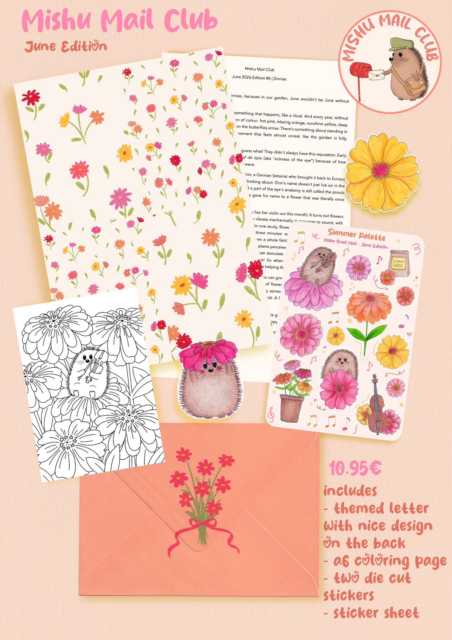 A product collage for the Mishu Mail Club June Edition stationery set, featuring floral patterned paper, a letter template, a coloring page, sticker sheets, and a peach envelope on a peach background.