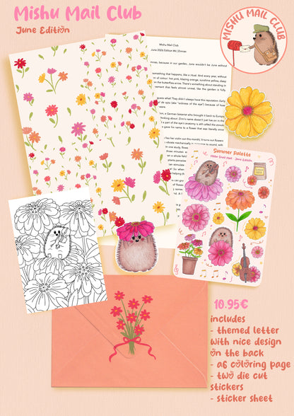 A product collage for the Mishu Mail Club June Edition stationery set, featuring floral patterned paper, a letter template, a coloring page, sticker sheets, and a peach envelope on a peach background.