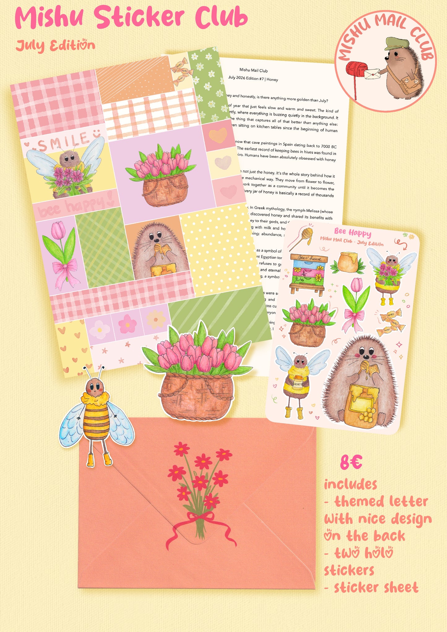 Mishu Sticker Club July Edition packaging with stickers and letter on a yellow background