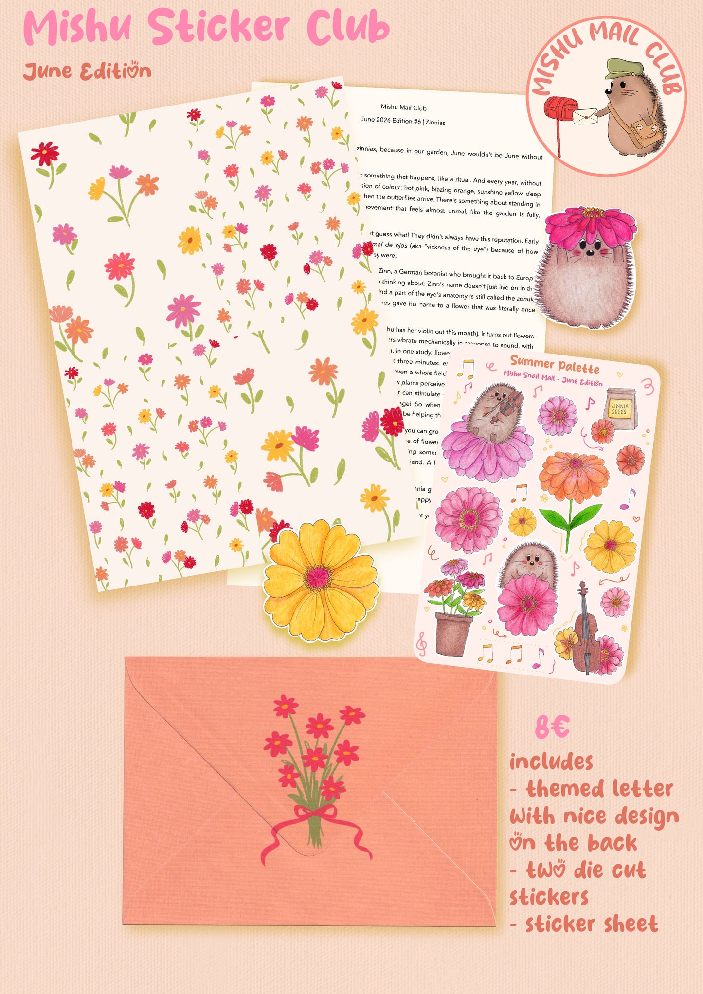 Mishu Sticker Club June Edition sticker set featuring a floral patterned letter and envelope, a letter with handwritten-style text, a sticker sheet with cute mouse illustrations and flowers, and a peach envelope with a red flower design, all arranged on a peach background with product text.