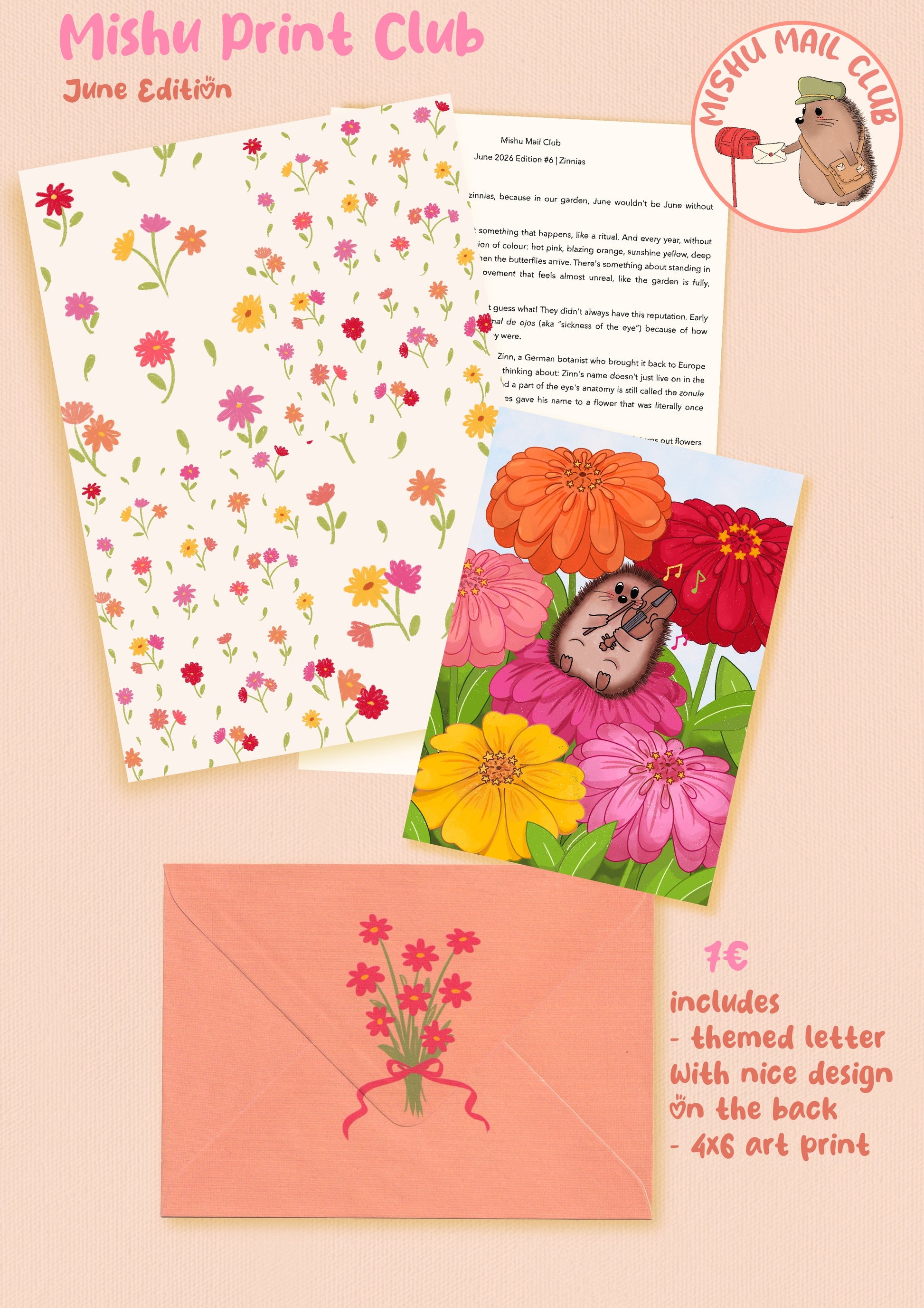 June Edition stationery set from Mishu Print Club featuring a floral-patterned envelope, a themed letter, and a colorful art print card with flowers and a bird, plus a peach envelope with a flower illustration. Text on the image describes the 16-piece set contents.