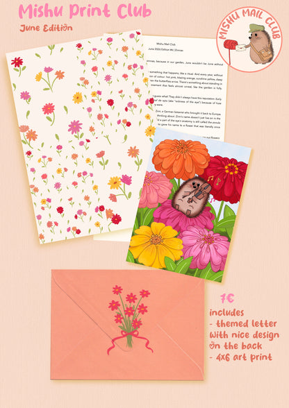 June Edition stationery set from Mishu Print Club featuring a floral-patterned envelope, a themed letter, and a colorful art print card with flowers and a bird, plus a peach envelope with a flower illustration. Text on the image describes the 16-piece set contents.