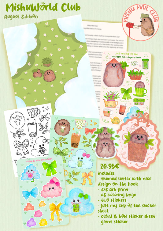 A collage-style product listing for a MishuWorld Club August Edition sticker set and stationery pack. The image shows multiple illustrated sticker sheets, a coloring page, a letter design, and a round sticker featuring a character in a red hat, all arranged on a pale green background with printed text describing the contents and price.