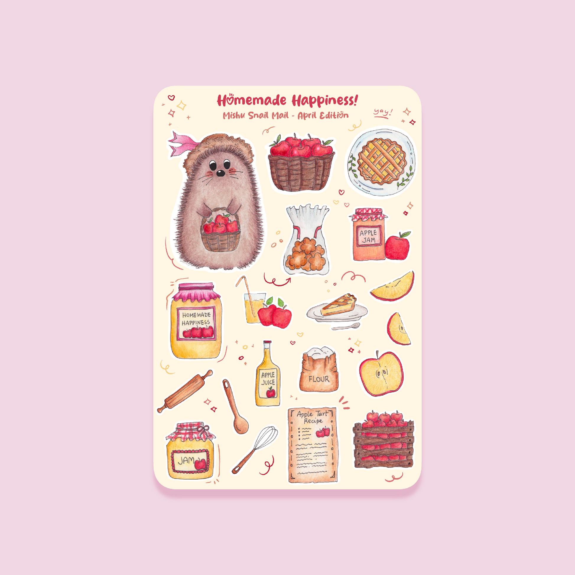 Sticker sheet with a hedgehog, apples, and baking-themed illustrations on a pink background.