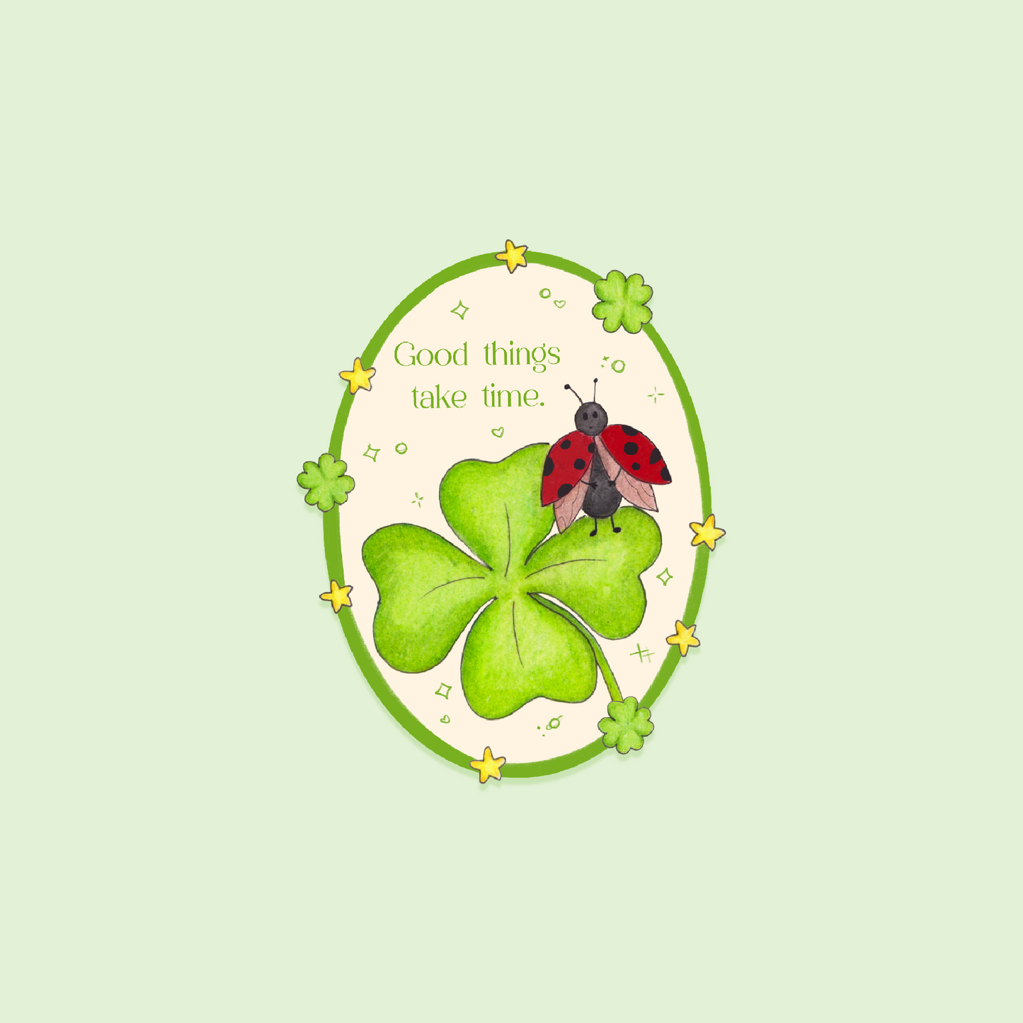 Four-leaf clover with a ladybug and motivational quote on a light green background