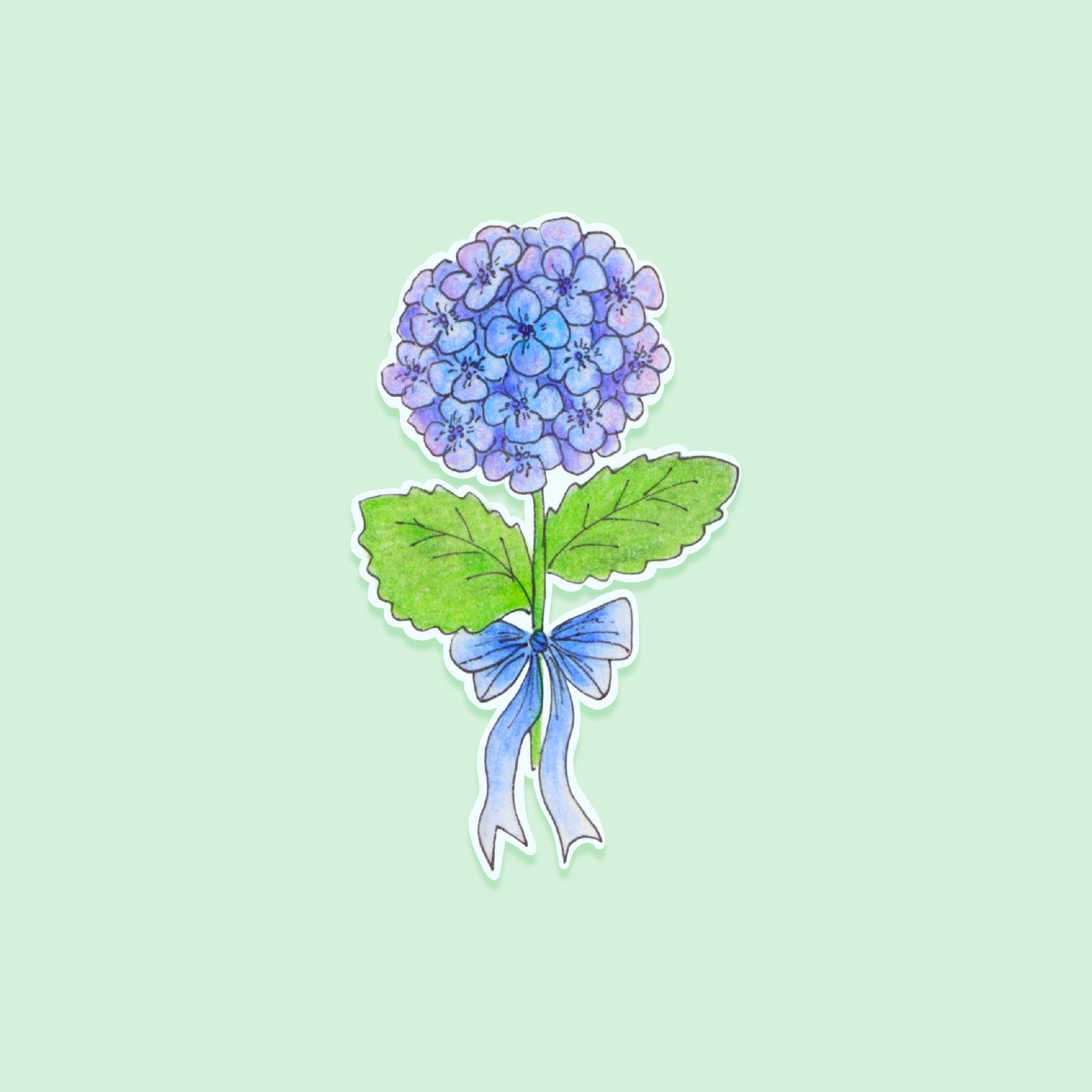 Sticker of a blue flower with green leaves and a blue ribbon on a light green background