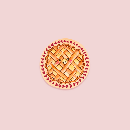 Cartoon pie with a smiling face on a pink background