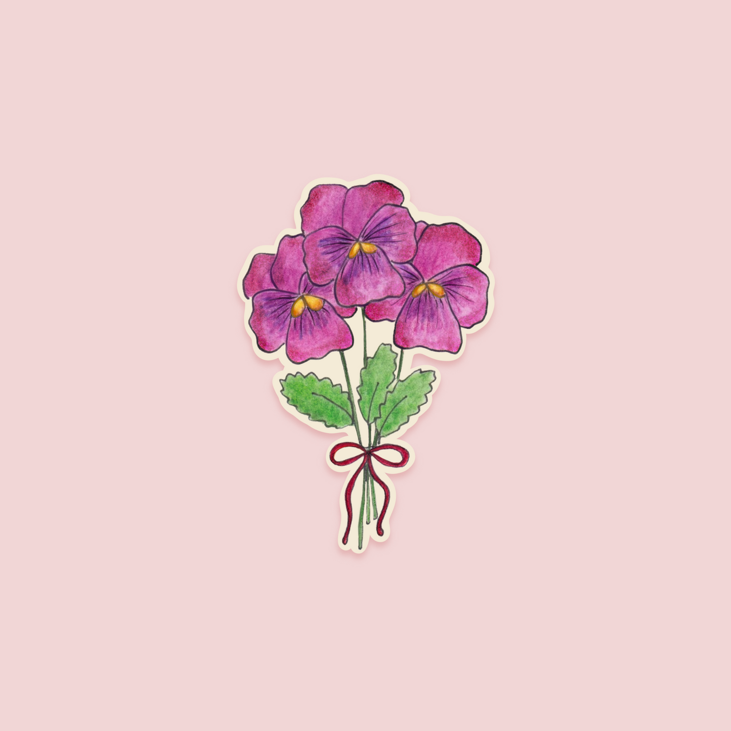 Bouquet of purple pansies with green leaves on a pink background