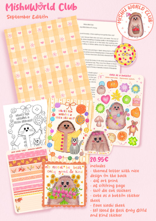 September Edition stationery set from MishuWorld Club featuring mushroom-themed coloring pages, stickers, a letter template, and art prints in pastel orange, pink, yellow, and white tones, arranged on a light pink background.