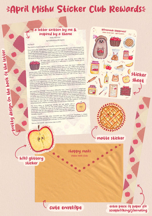 Promotional image for April Mishu Sticker Club rewards, Edition #4: Apples. Package contents include a personal letter with an apple-patterned back, a 'Homemade Happiness' sticker sheet with hedgehog and apple illustrations, a round kawaii apple pie matte sticker, a holo glittery apple slice sticker, a golden 'happy mail' envelope, and an extra decorative scrapbooking paper. Warm red, pink, and beige tones.