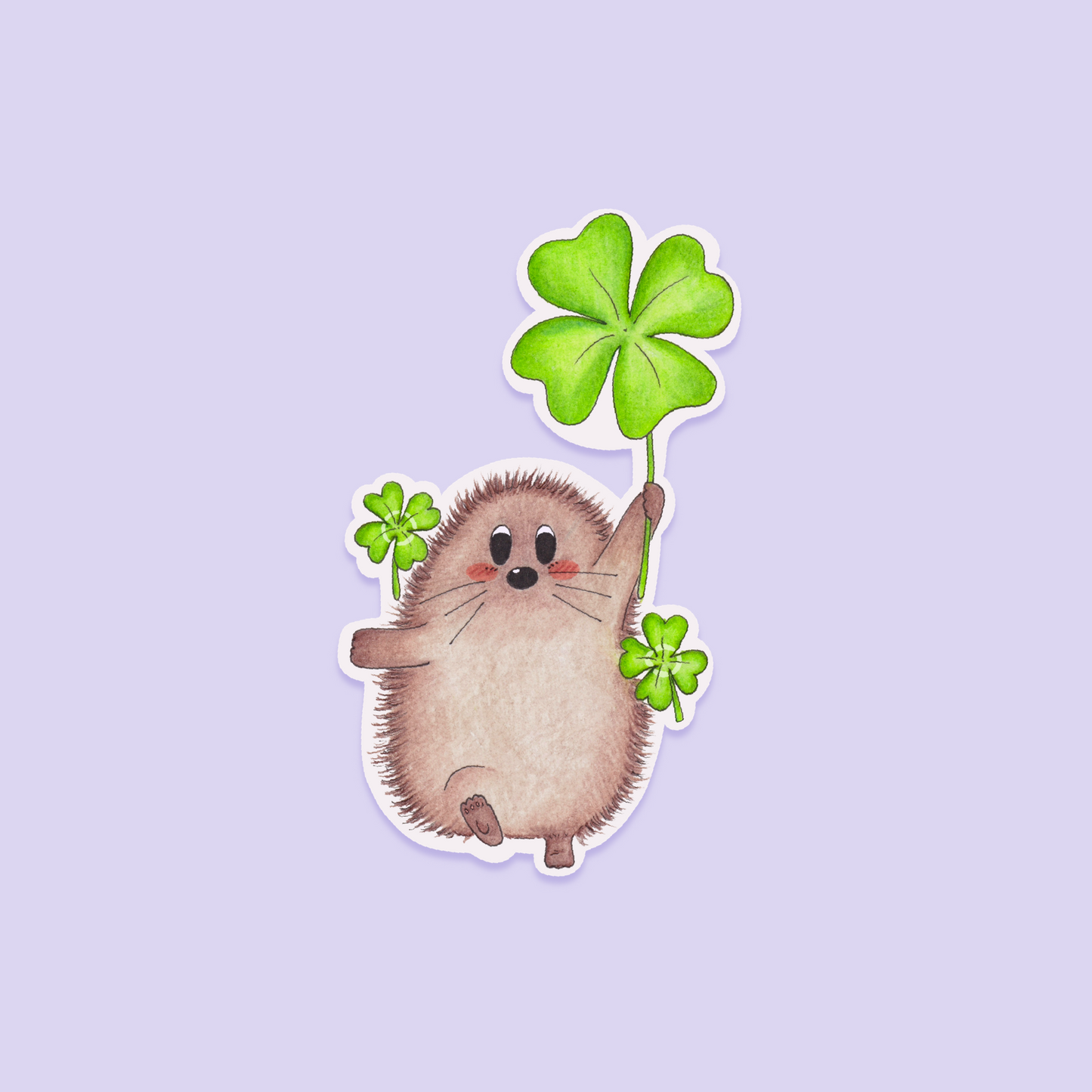 sticker of a hedgehog holding four-leaf clovers on a light purple background
