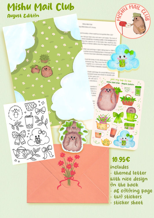 Mishu Mail Club August Edition stationery set featuring a green cloud-themed coloring page, a peach envelope with red flowers, sticker sheets with cute animal illustrations, a black-and-white coloring page, and a letter template, all arranged on a pale green background with product text.