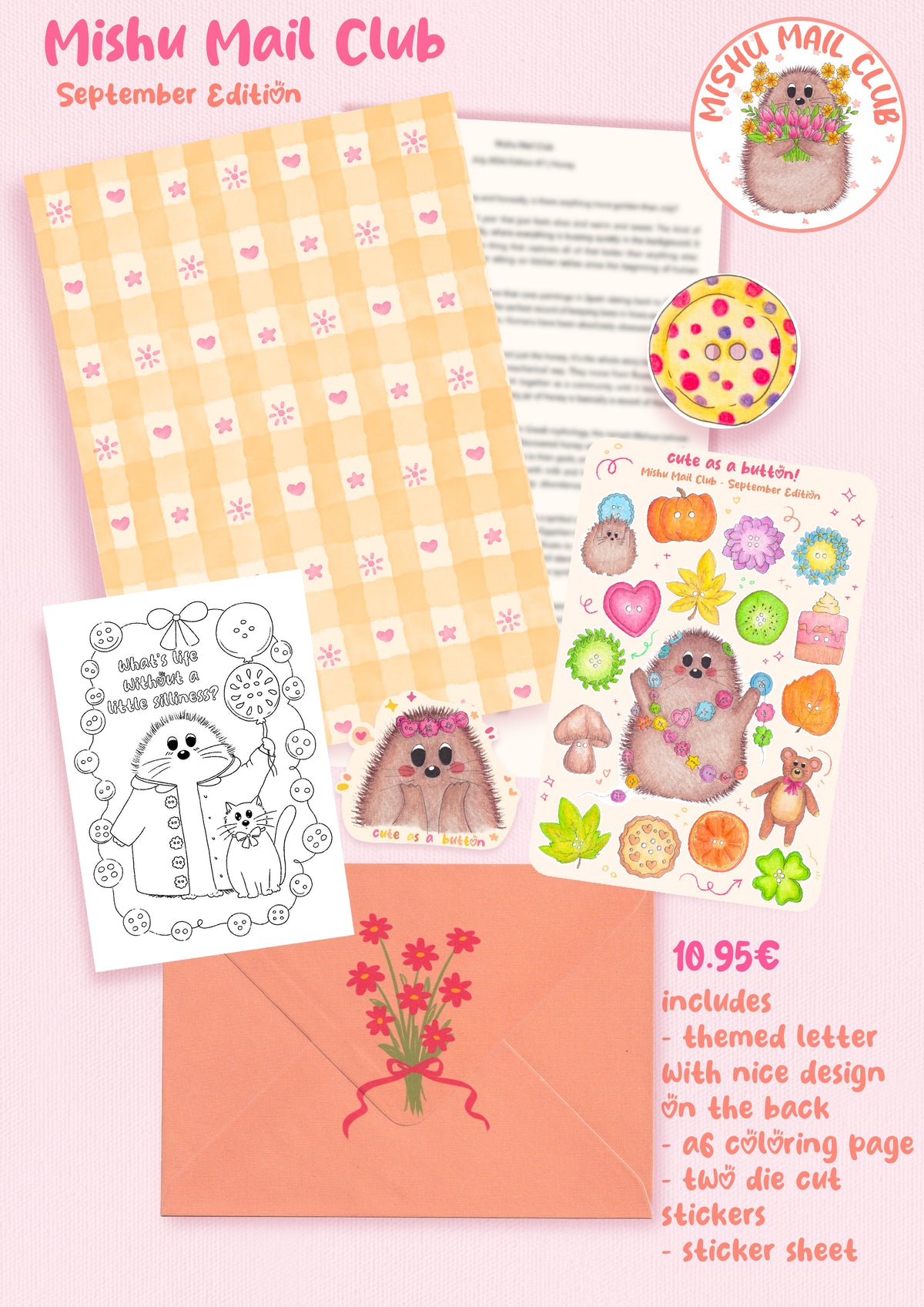 September Edition stationery set by Mishu Mail Club featuring a yellow gingham letterhead, coloring page, sticker sheet, and peach envelope on a pink background.