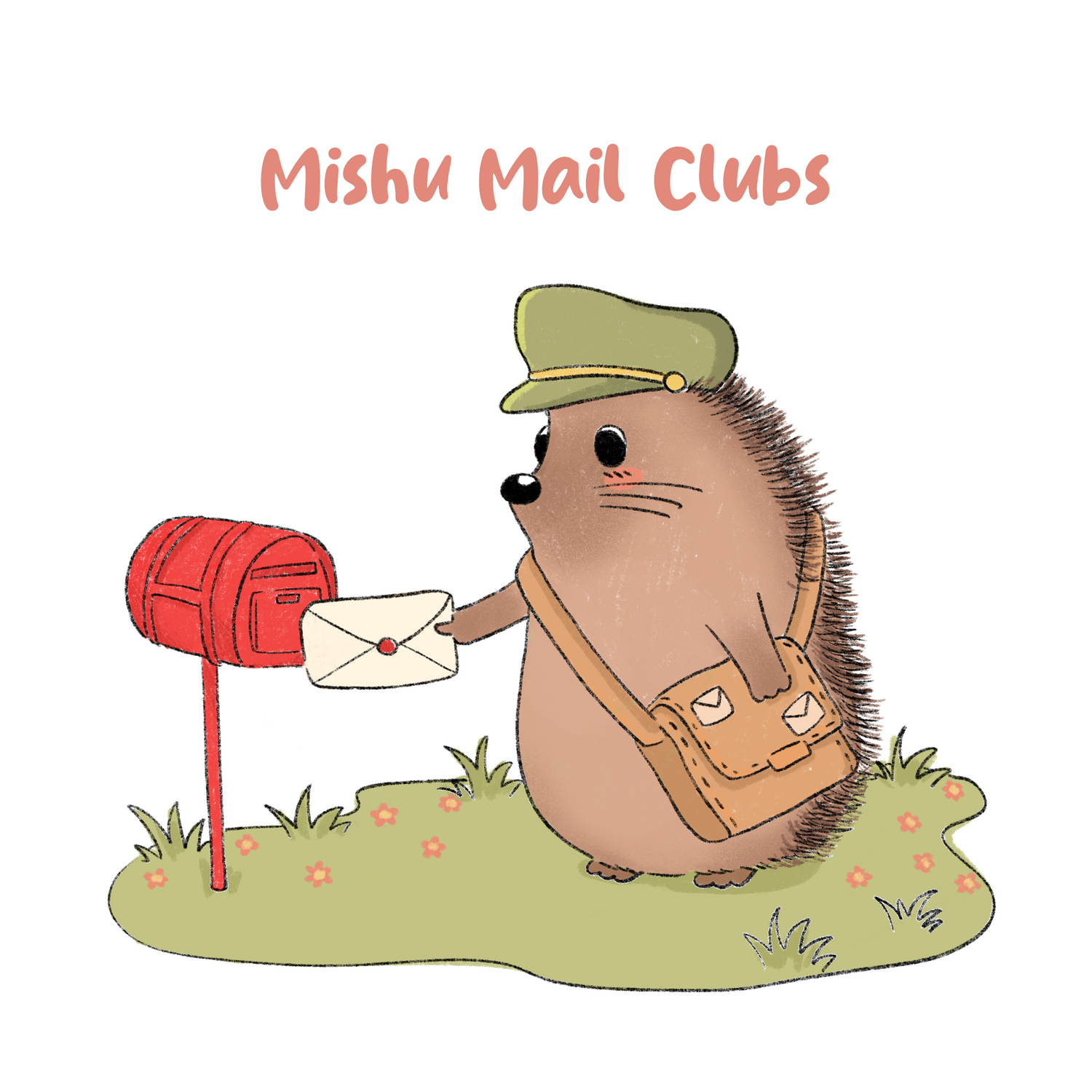 A cute illustrated hedgehog in a green postal cap and tan messenger bag, placing a letter into a red mailbox on a grassy patch with small flowers. Text reads: Mishu Mail Clubs.