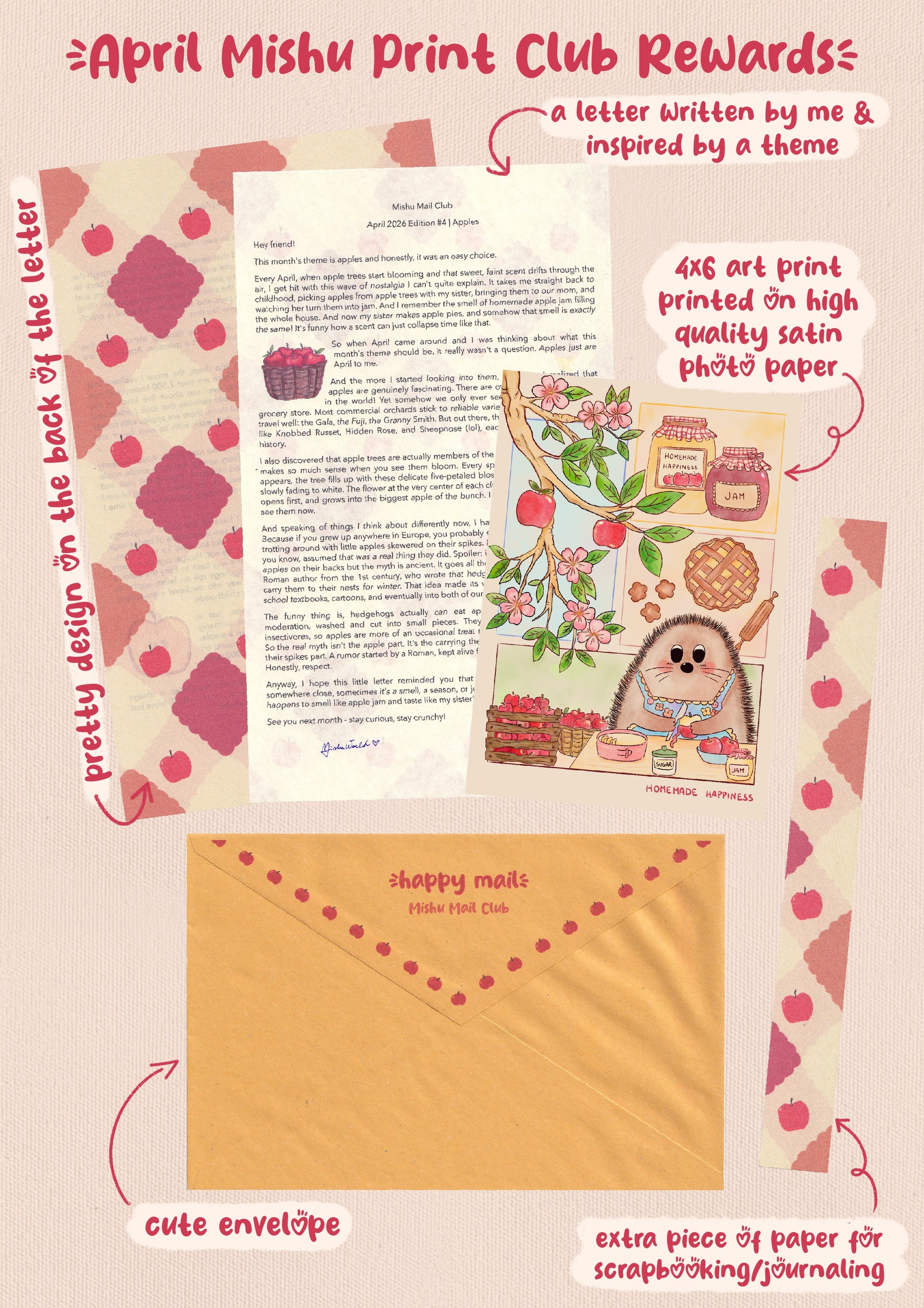 Promotional image for April Mishu Print Club rewards, Edition #4: Apples. Package contents include a personal letter with an apple-patterned back, a 4x6 art print on satin photo paper showing a hedgehog baking with apples titled 'Homemade Happiness', a golden 'happy mail' envelope, and an extra decorative paper for scrapbooking or journaling. Warm red, pink, and beige tones
