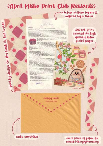 Promotional image for April Mishu Print Club rewards, Edition #4: Apples. Package contents include a personal letter with an apple-patterned back, a 4x6 art print on satin photo paper showing a hedgehog baking with apples titled 'Homemade Happiness', a golden 'happy mail' envelope, and an extra decorative paper for scrapbooking or journaling. Warm red, pink, and beige tones