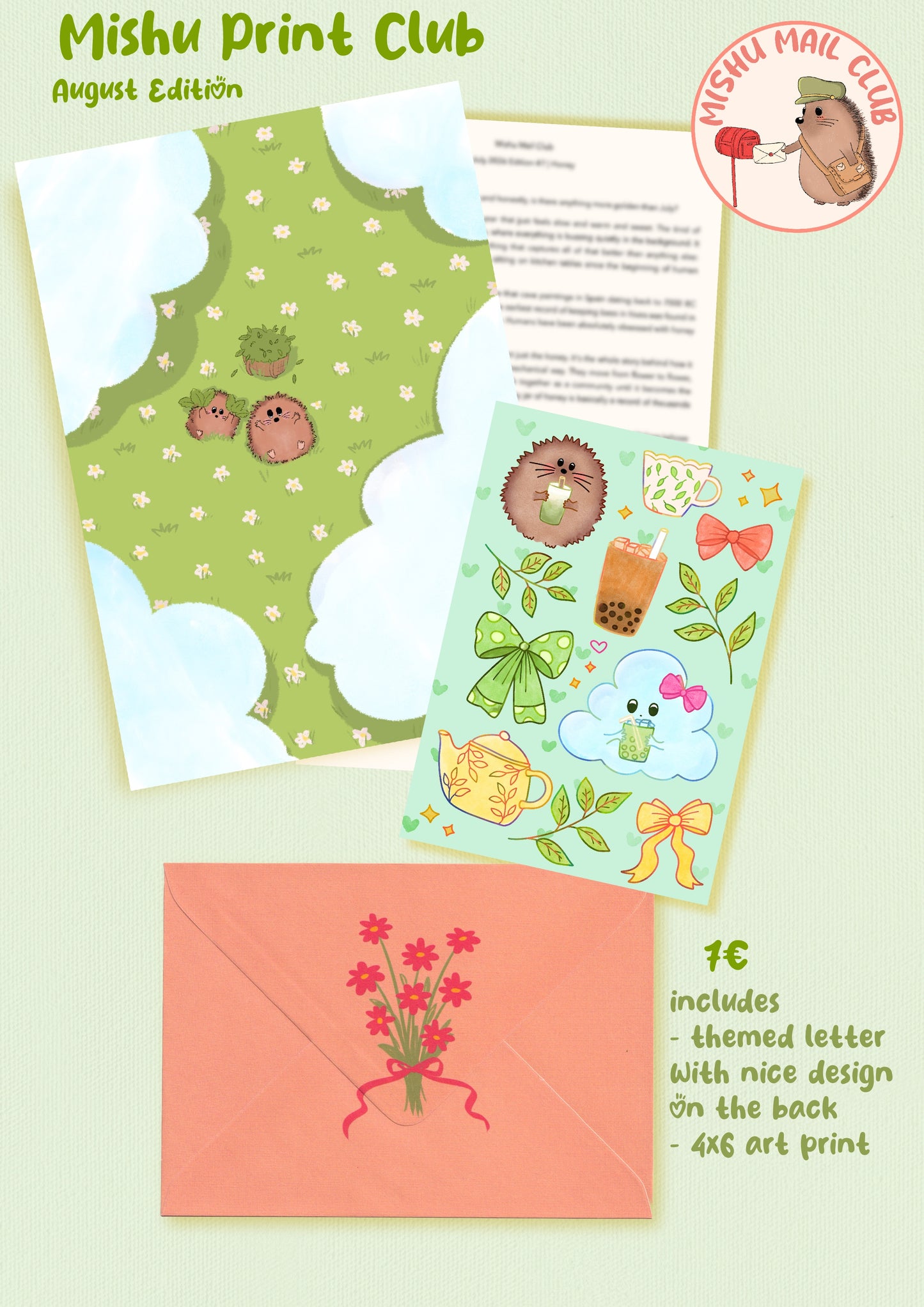 Mishu Print Club August Edition stationery set featuring a green hedgehog-themed greeting card, a light blue illustrated sticker sheet, a coral pink envelope with red flowers, and a circular 'Mishu Mail Club' logo badge on a pale green background.