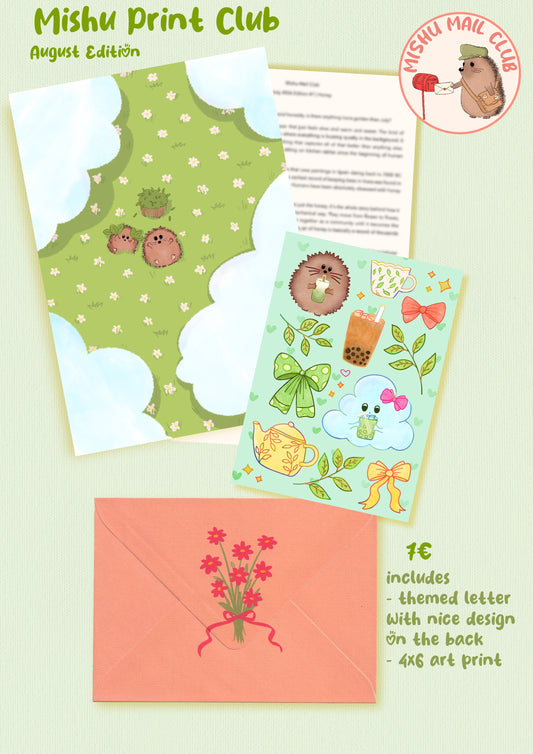 Mishu Print Club August Edition stationery set featuring a green hedgehog-themed greeting card, a light blue illustrated sticker sheet, a coral pink envelope with red flowers, and a circular 'Mishu Mail Club' logo badge on a pale green background.