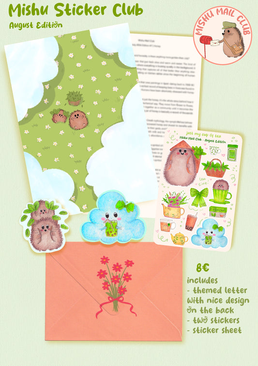 Mishu Sticker Club August Edition stationery set featuring a green hedgehog-themed card, a letter with text, a sticker sheet with cute hedgehogs and plants, and a coral envelope with a flower sticker, all arranged on a pale green background with product details on the right.