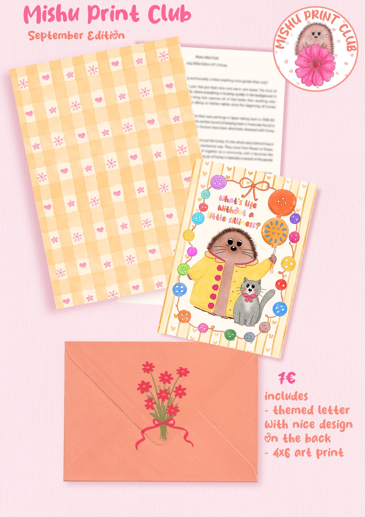 September Edition greeting card set from Mishu Print Club, featuring a yellow-and-white gingham card, a colorful illustrated card with a hedgehog and cat, and a peach envelope with a red flower design, all on a light pink background.