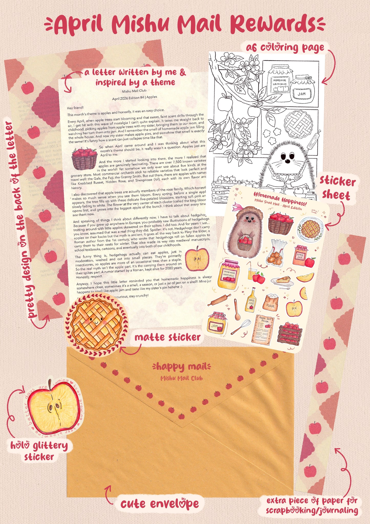 Promotional image for April Mishu Mail Club rewards, Edition #4: Apples. Shows the contents of the mail club package including a handwritten-style letter, an A6 apple-themed coloring page, a 'Homemade Happiness' sticker sheet with hedgehog and apple illustrations, a round matte apple pie sticker, a holo glittery apple sticker, a cute yellow envelope, and an extra scrapbooking paper. Warm red and beige tones throughout.
